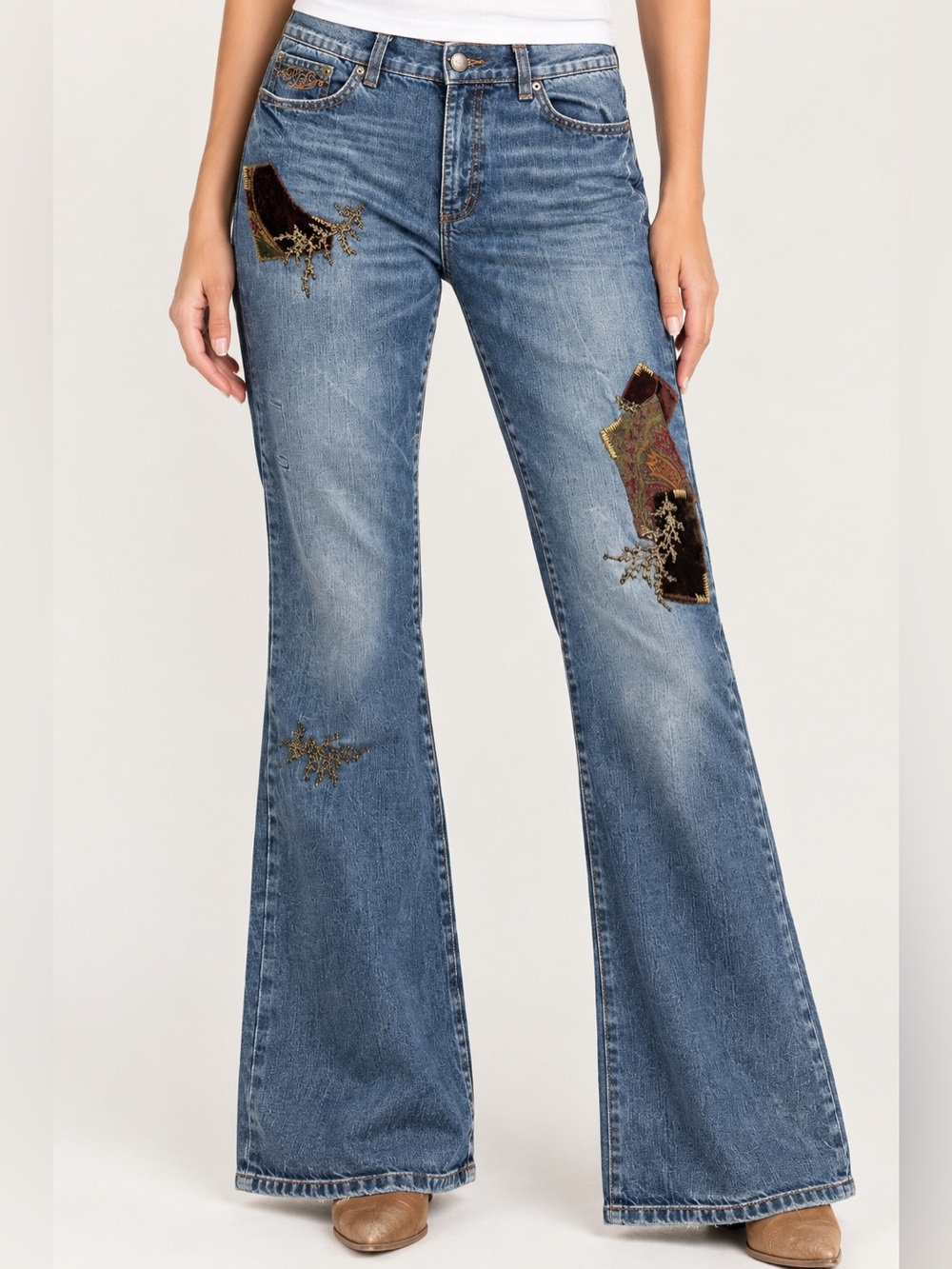 Ralph Lauren Women’s Patchwork Slight Flare Jeans Embroidered Appliqué Size 10
